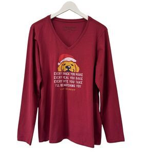Life is Good Red Crusher Tee V-Neck LS Santa Lab Dog Shirt Womens Large PRISTINE